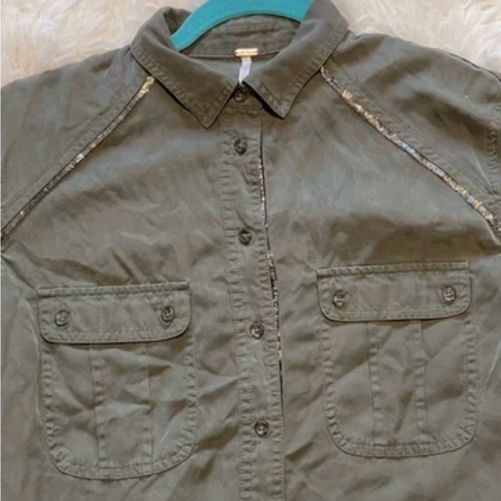 Free People Off-Campus Metallic-Trim Utility Shirt Boho Chic Khaki Green XS - Picture 7 of 9